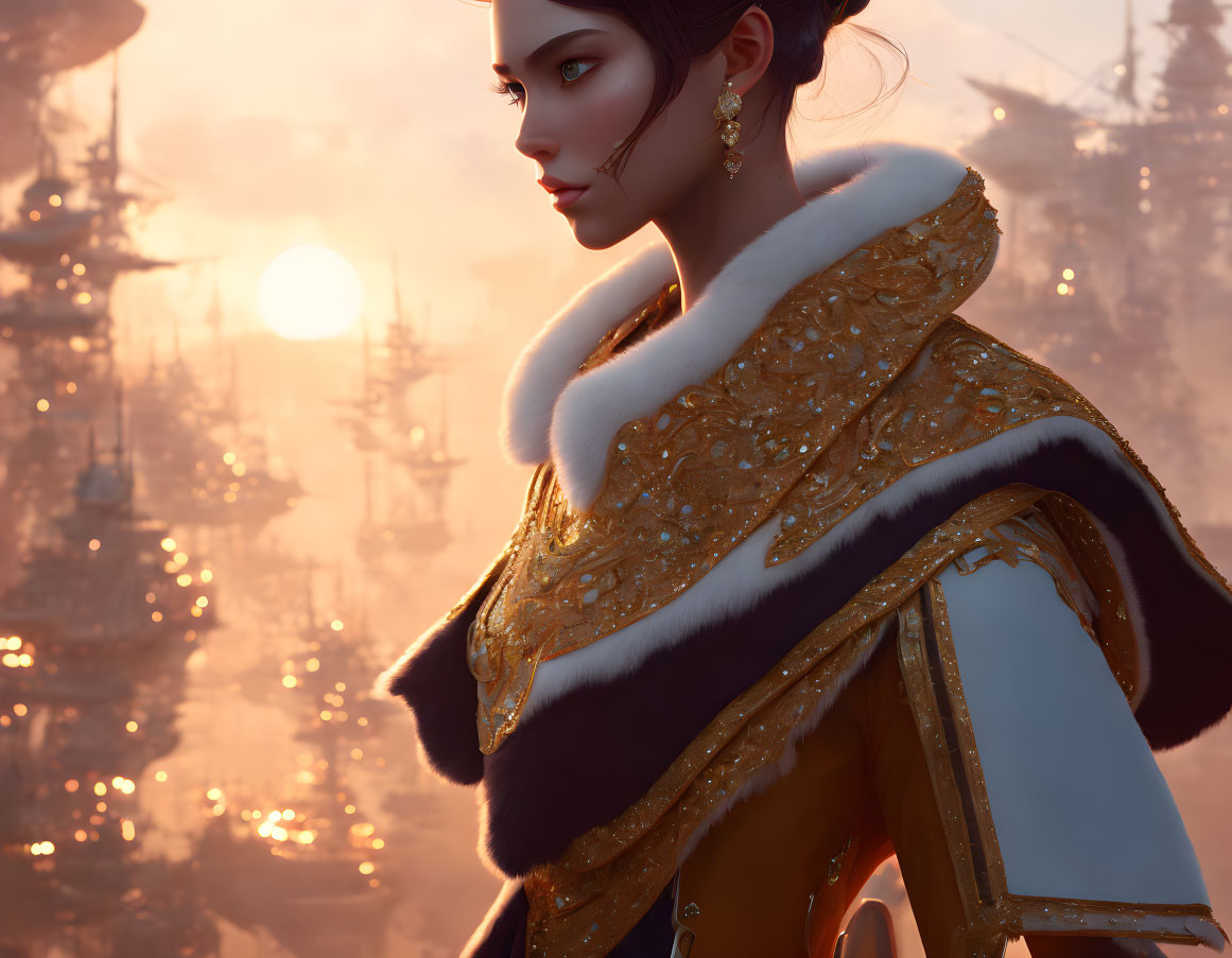 Regal female character in ornate attire with airships and sunset.