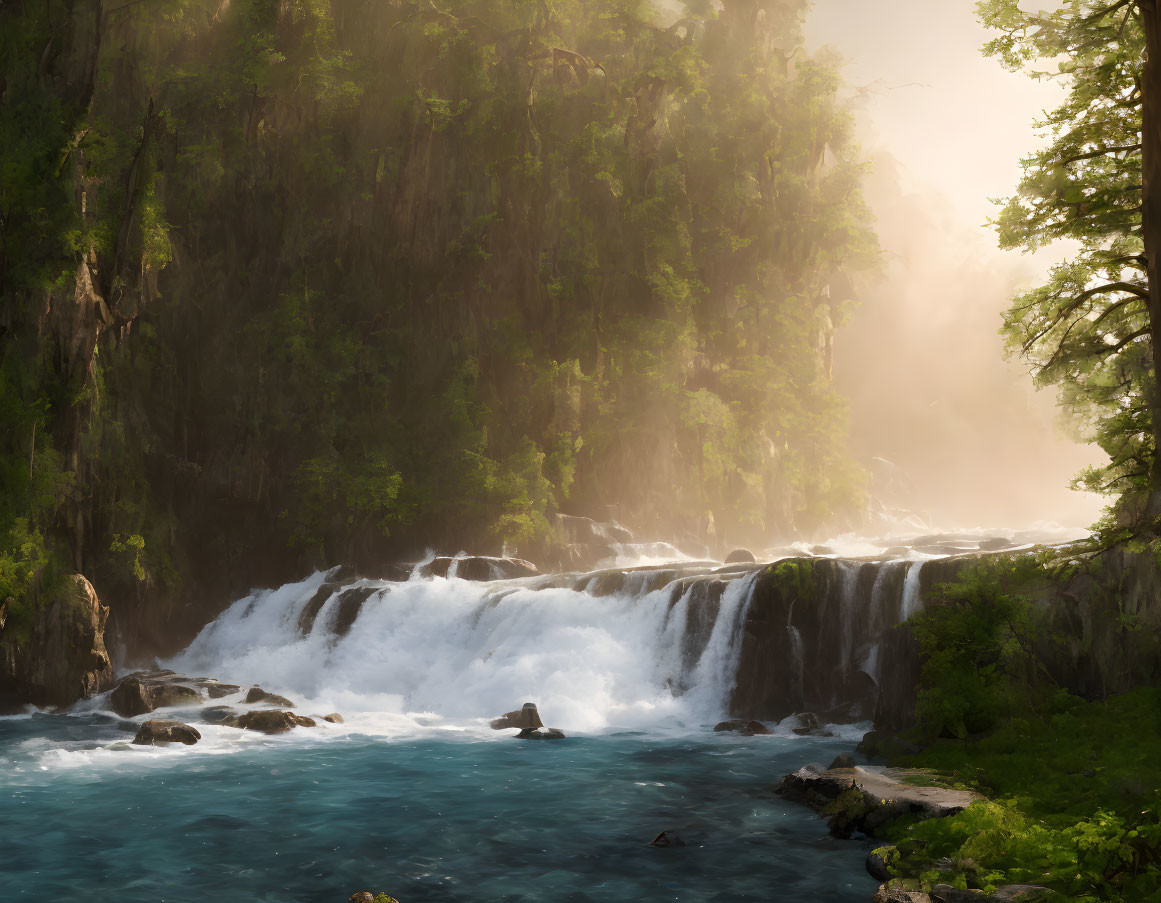 Tranquil waterfall cascading into serene blue pool in misty forest