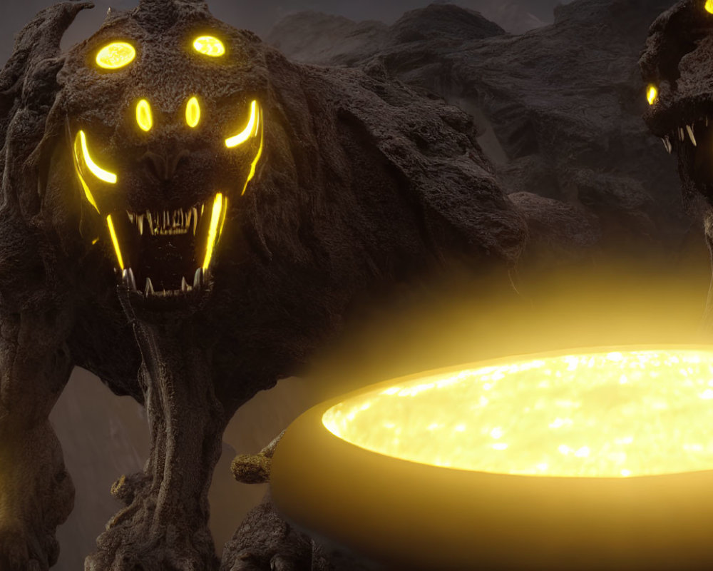 Glowing-eyed creatures with sharp teeth over molten pit