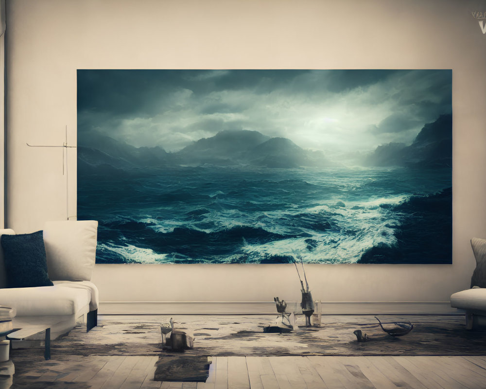 Minimalist living room with large stormy sea painting