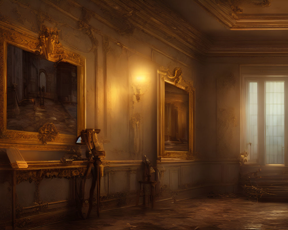 Luxurious room with golden trims, classical paintings, and person by window in warm light