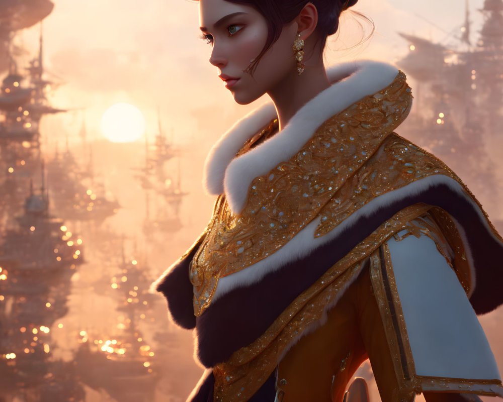 Regal female character in ornate attire with airships and sunset.