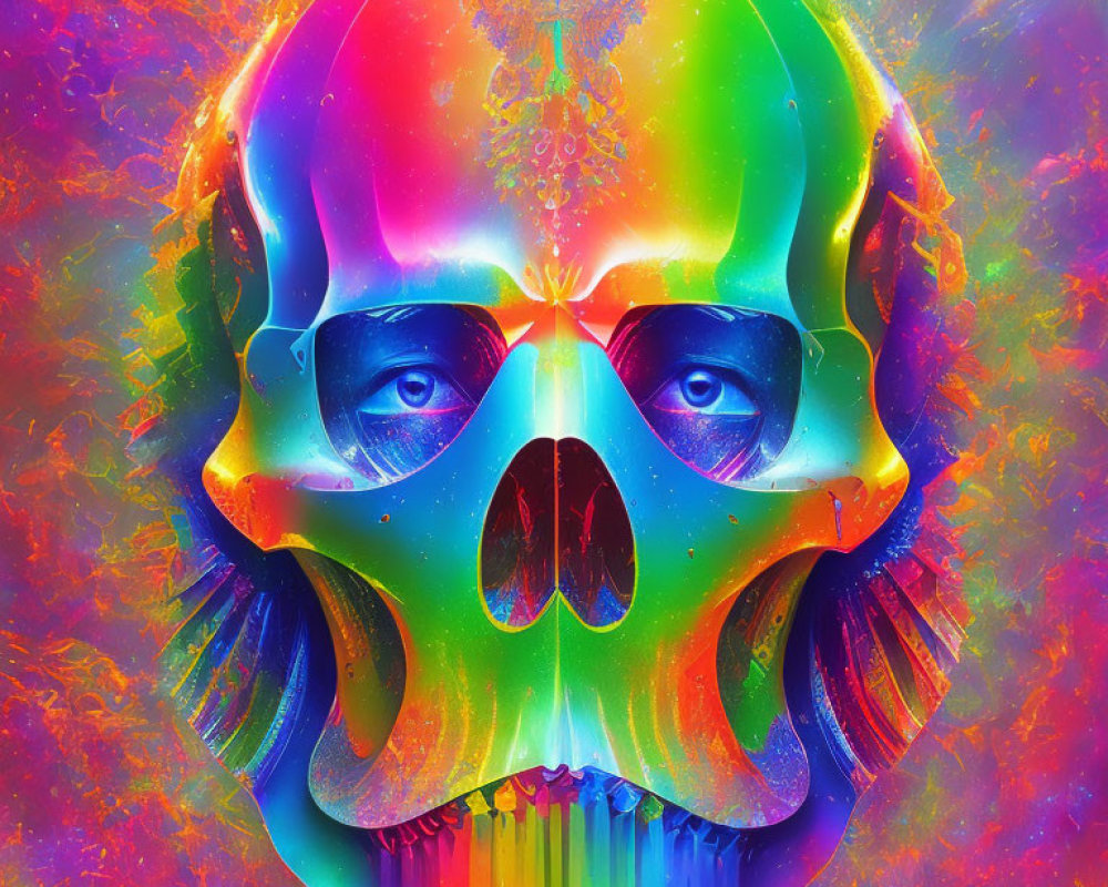 Colorful neon skull on psychedelic rainbow background