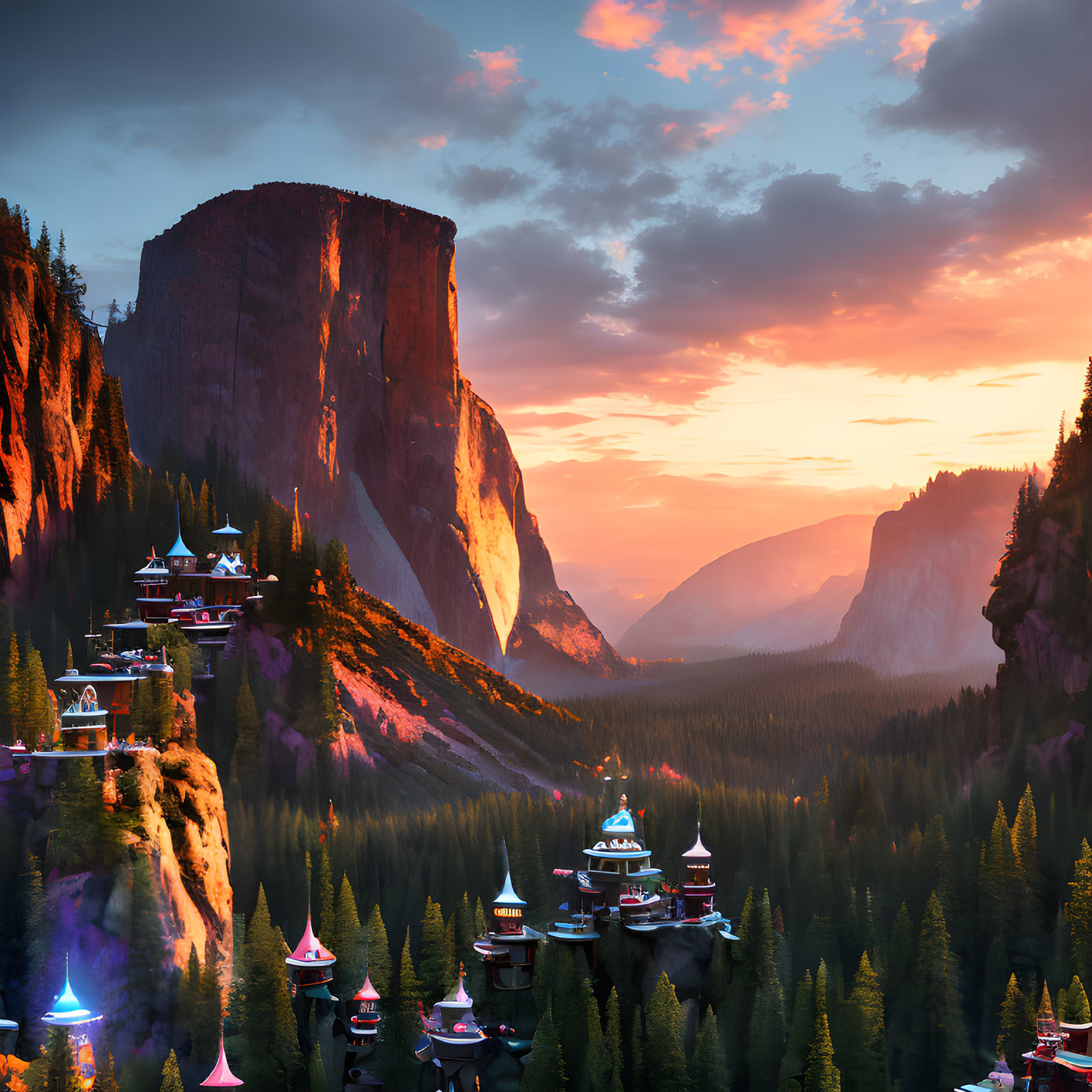 Colorful sunset fantasy landscape with cliffs, palaces, and lush forests