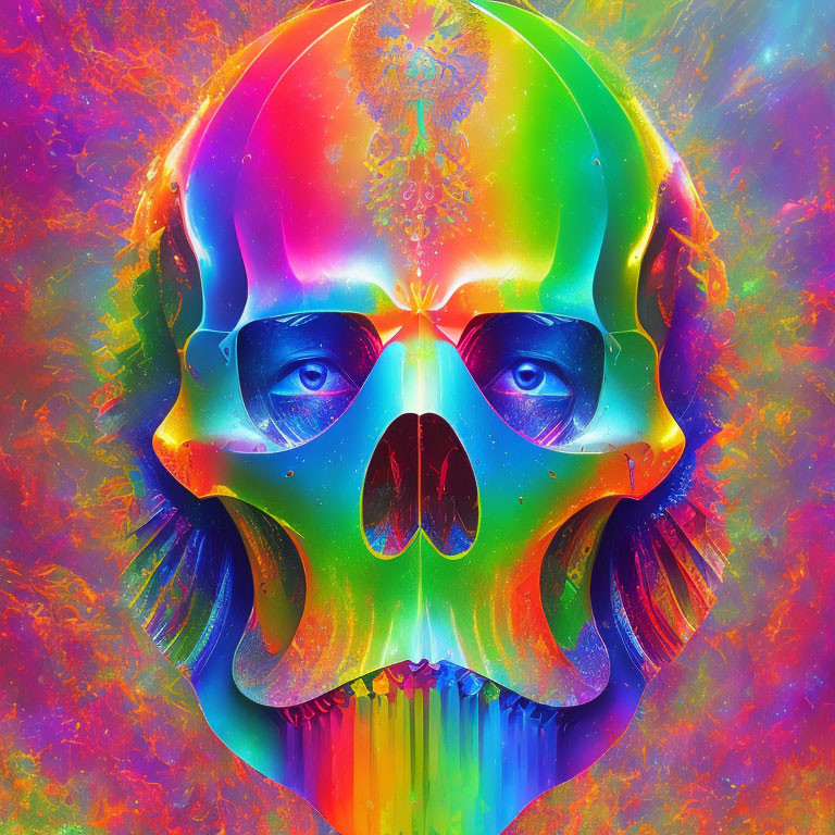 Colorful neon skull on psychedelic rainbow background