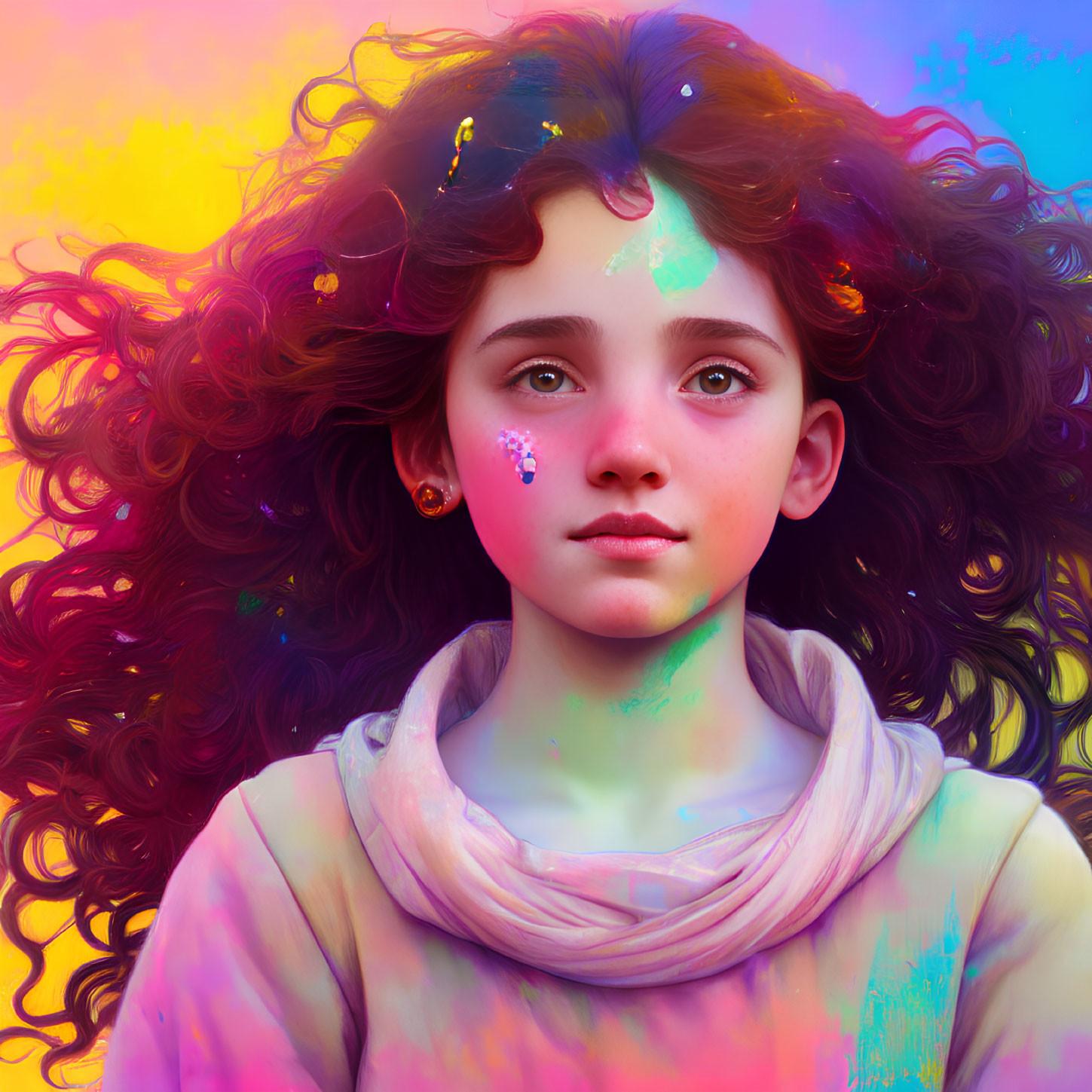 Colorful portrait of young girl with curly hair and paint splashes on face