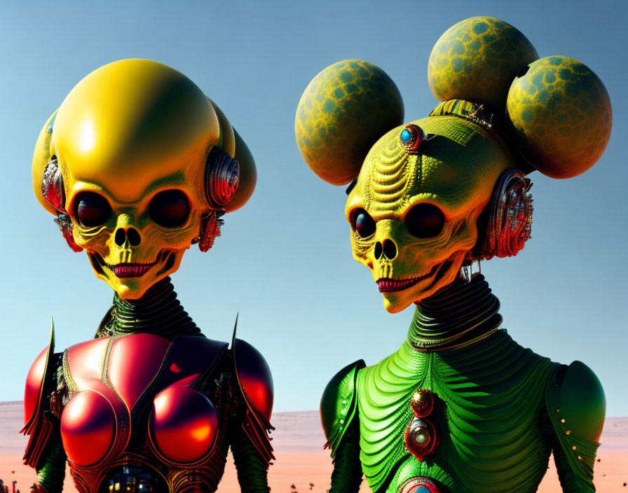 Colorful Alien Figures in Intricate Suits Against Sunset Sky