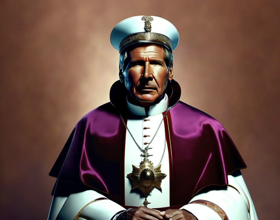 Religious figure in white cap, purple robe, gold cross necklace, on brown background