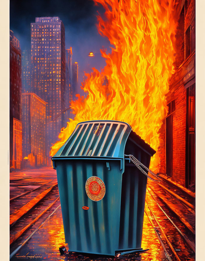 Blue dumpster with city seal on fire in urban alley at night