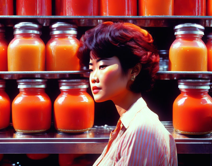 Stylish updo woman with orange jars on shelves in warm lighting