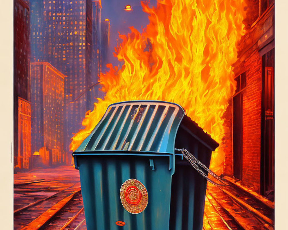 Blue dumpster with city seal on fire in urban alley at night