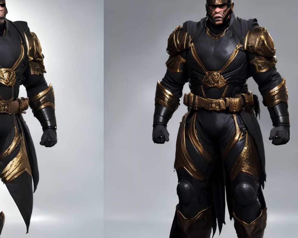 Black and Gold Armored Comic Book Character in Two Poses