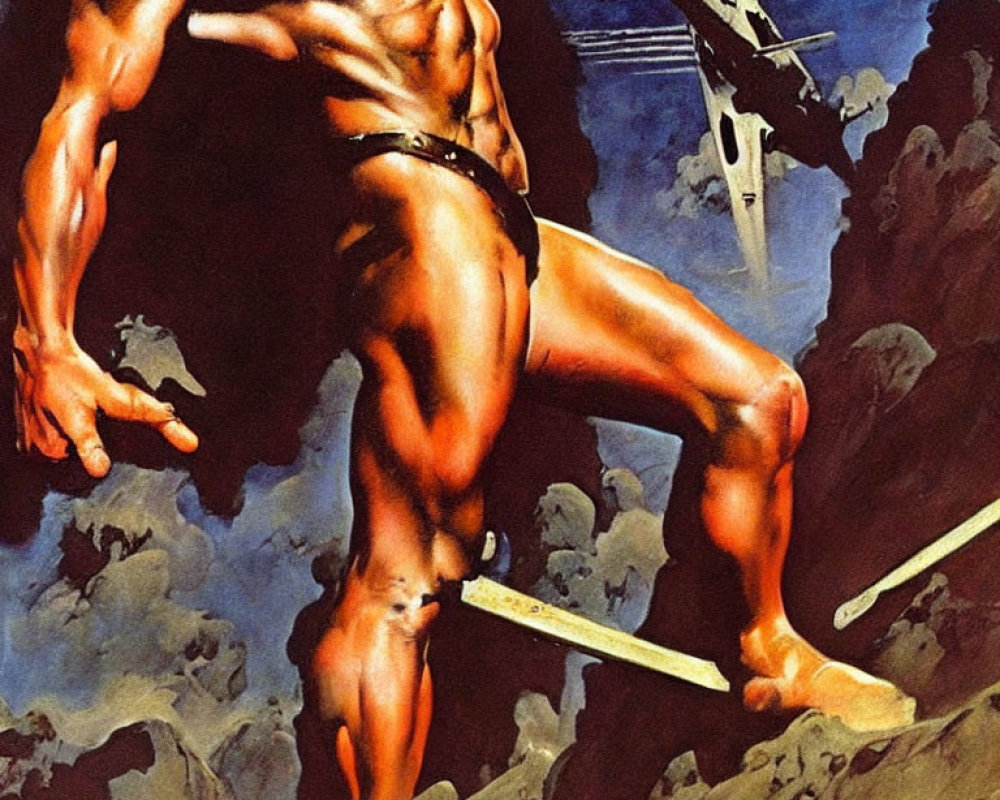 Muscular figure in loincloth against futuristic city backdrop