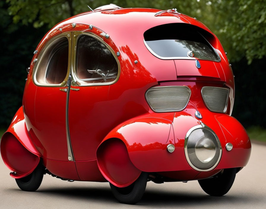 Vintage Red Microcar with Bubble Cabin and Porthole Windows on Roadway