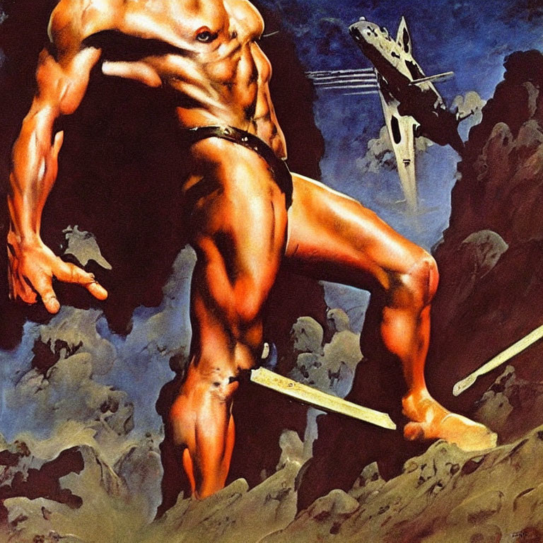 Muscular figure in loincloth against futuristic city backdrop