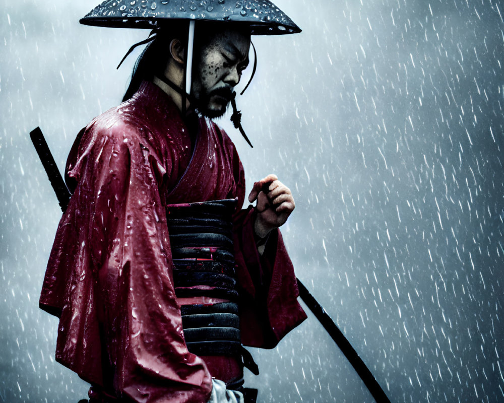 Samurai costume with sword and umbrella in rain