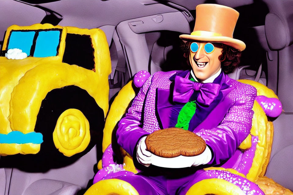 Person in Purple Suit with Giant Cookie in Cartoon Car Interior