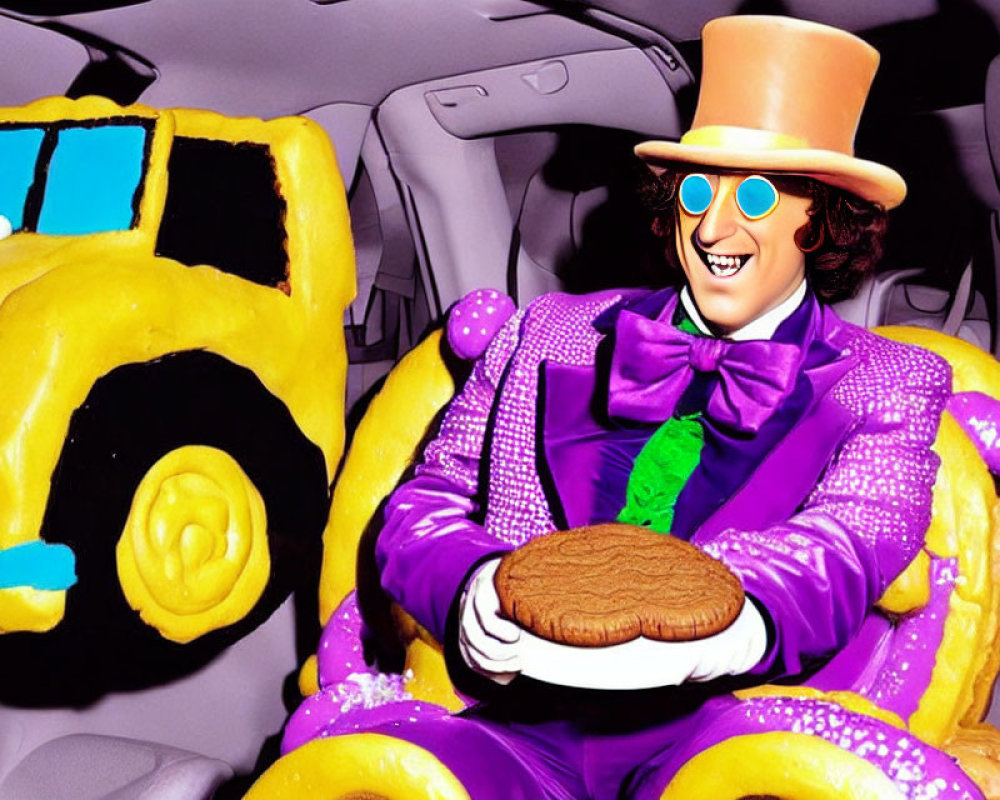 Person in Purple Suit with Giant Cookie in Cartoon Car Interior