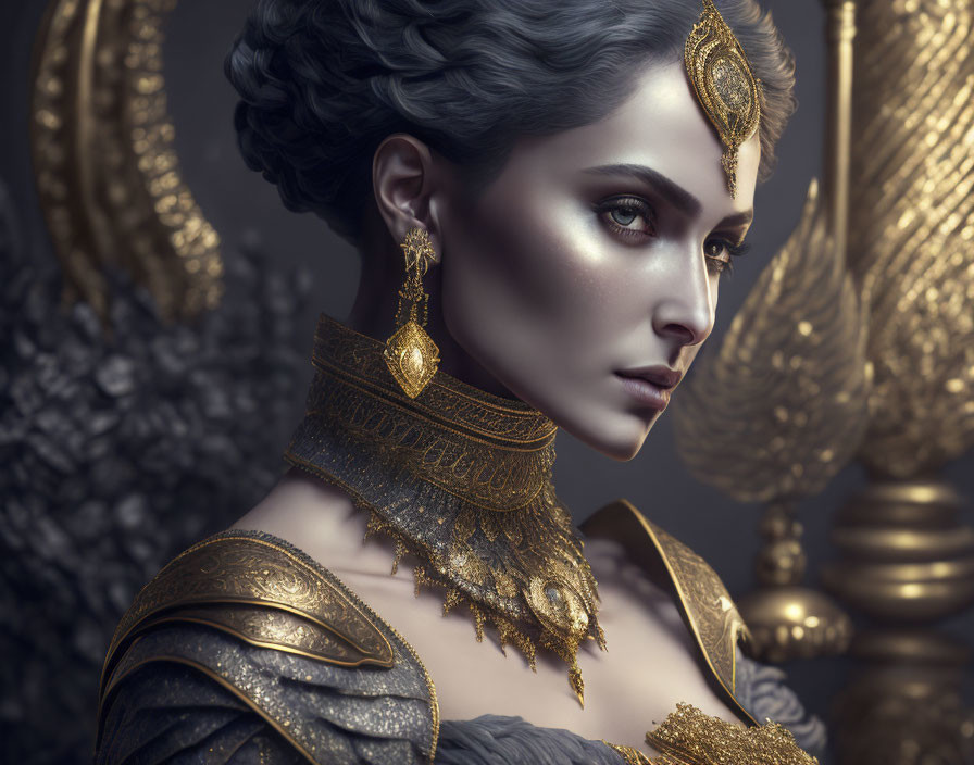 Regal woman adorned in elaborate gold jewelry