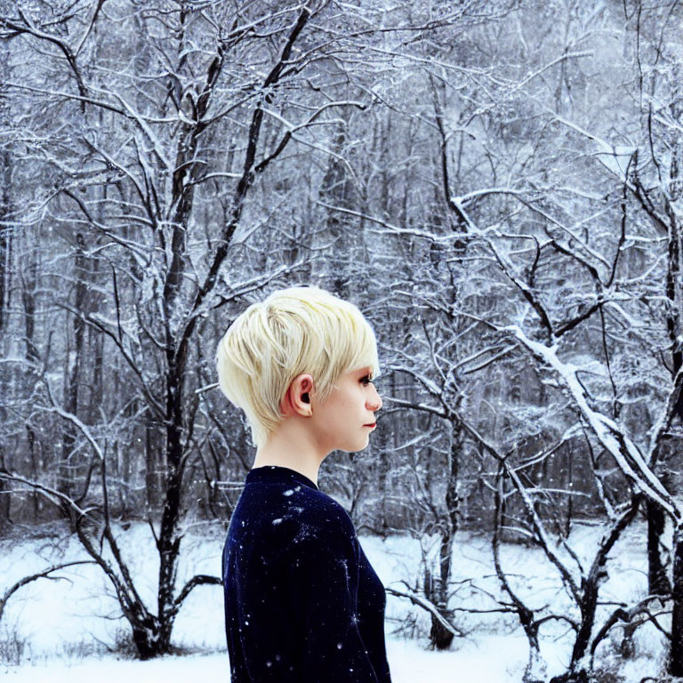 Blonde person in dark top by snow-covered wintry forest