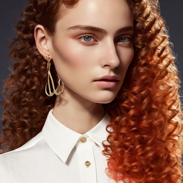 Curly Red-Haired Woman in White Blouse with Blue Eyes