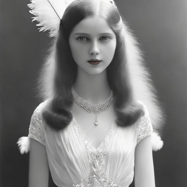 Vintage Black and White Photo of Woman with Feathered Hair Accessory and Beaded Dress