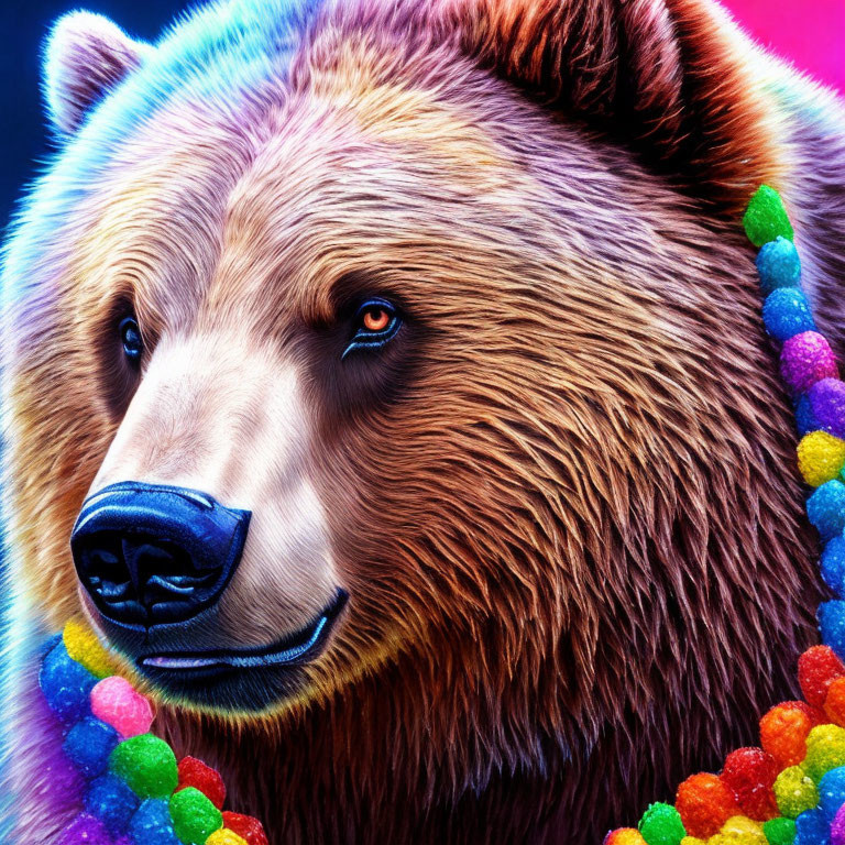 Rainbow fur bear with multicolored bead necklace on vibrant background