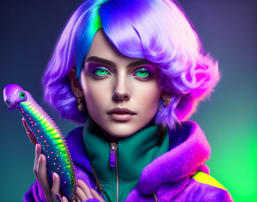 Vibrant purple hair woman holding colorful alien creature against blue-green background