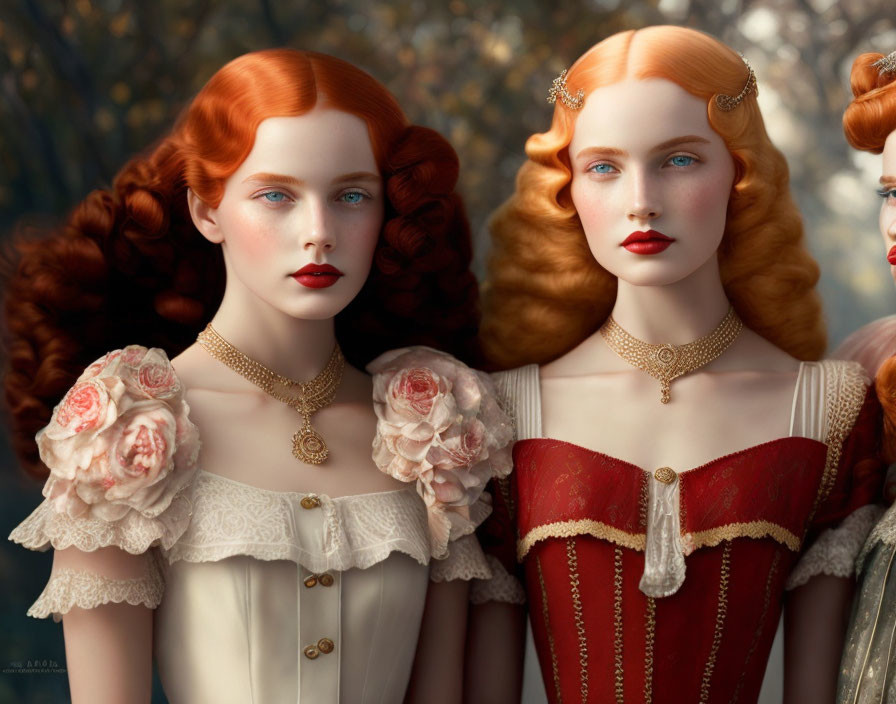 Women with Red Wavy Hair in Vintage Dresses & Elegant Necklaces