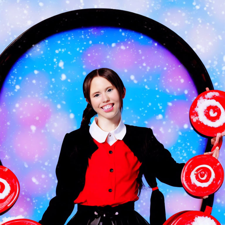 Cheerful woman with lollipops in red and black outfit in snowy backdrop.