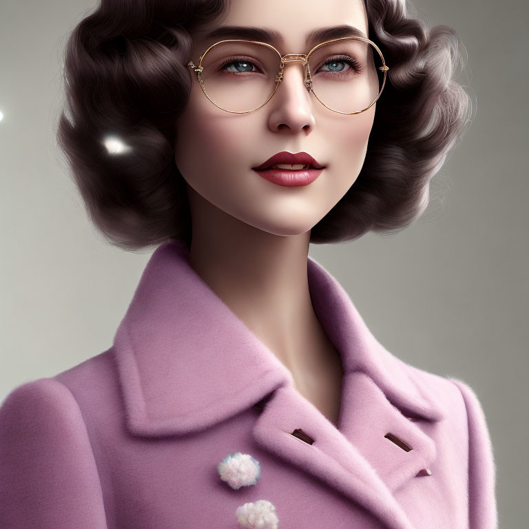 Vintage Hairstyle Woman with Glasses and Purple Coat Illustration