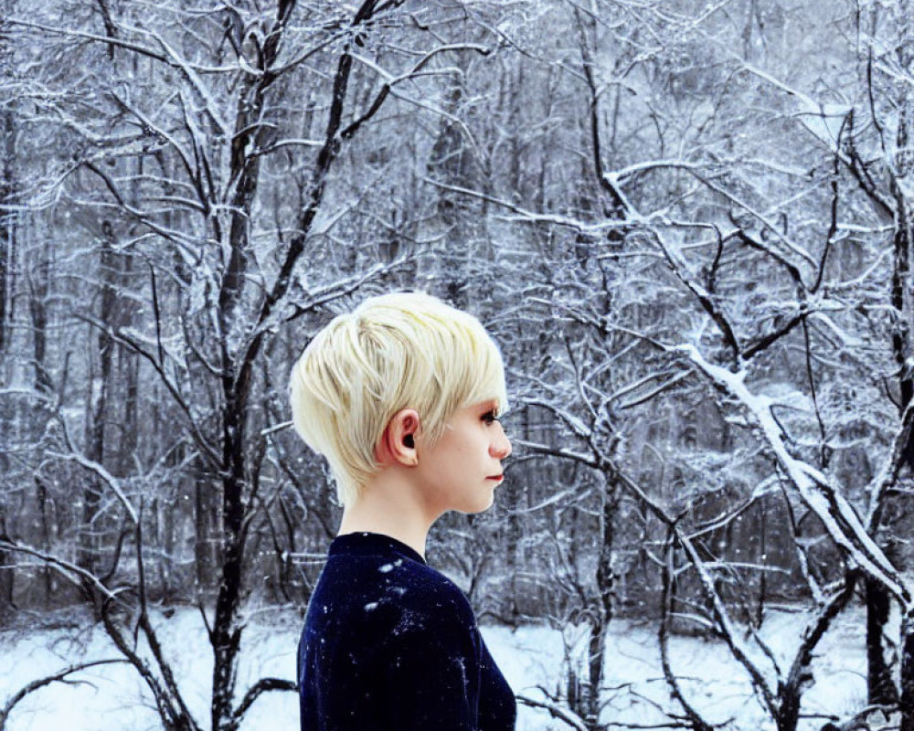 Blonde person in dark top by snow-covered wintry forest