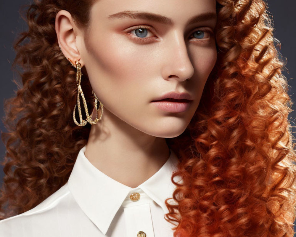 Curly Red-Haired Woman in White Blouse with Blue Eyes