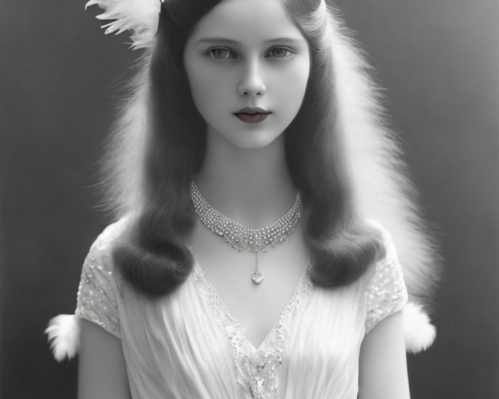 Vintage Black and White Photo of Woman with Feathered Hair Accessory and Beaded Dress