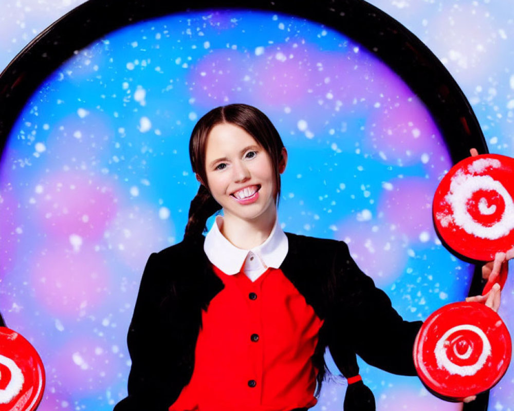 Cheerful woman with lollipops in red and black outfit in snowy backdrop.