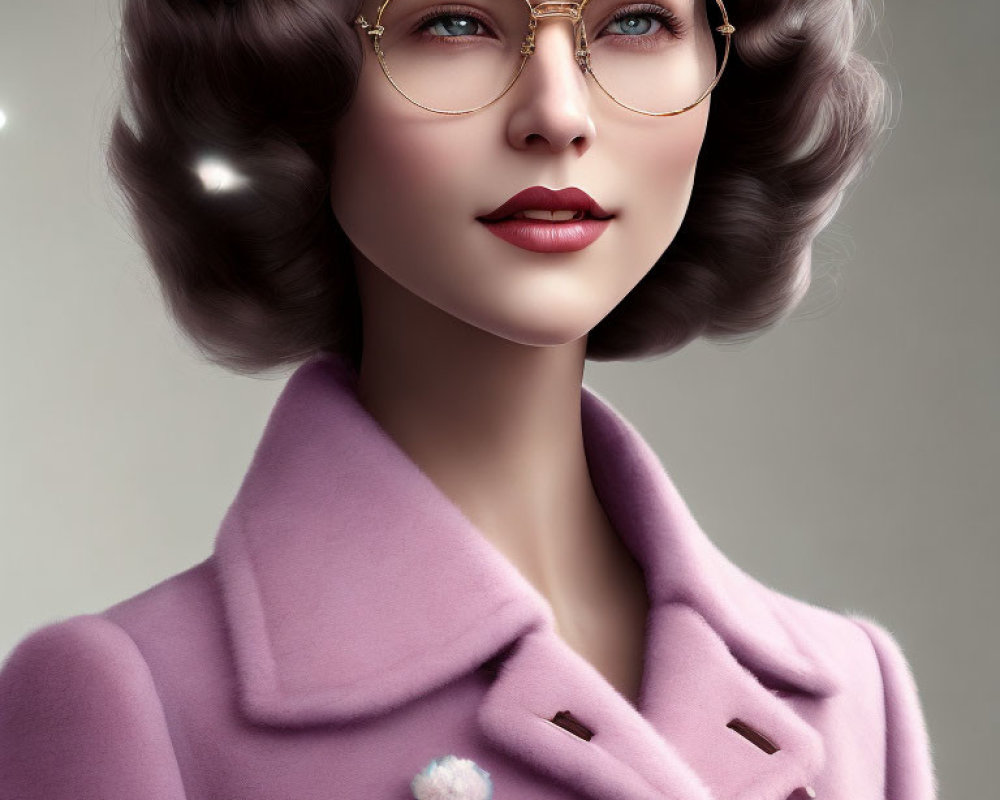 Vintage Hairstyle Woman with Glasses and Purple Coat Illustration