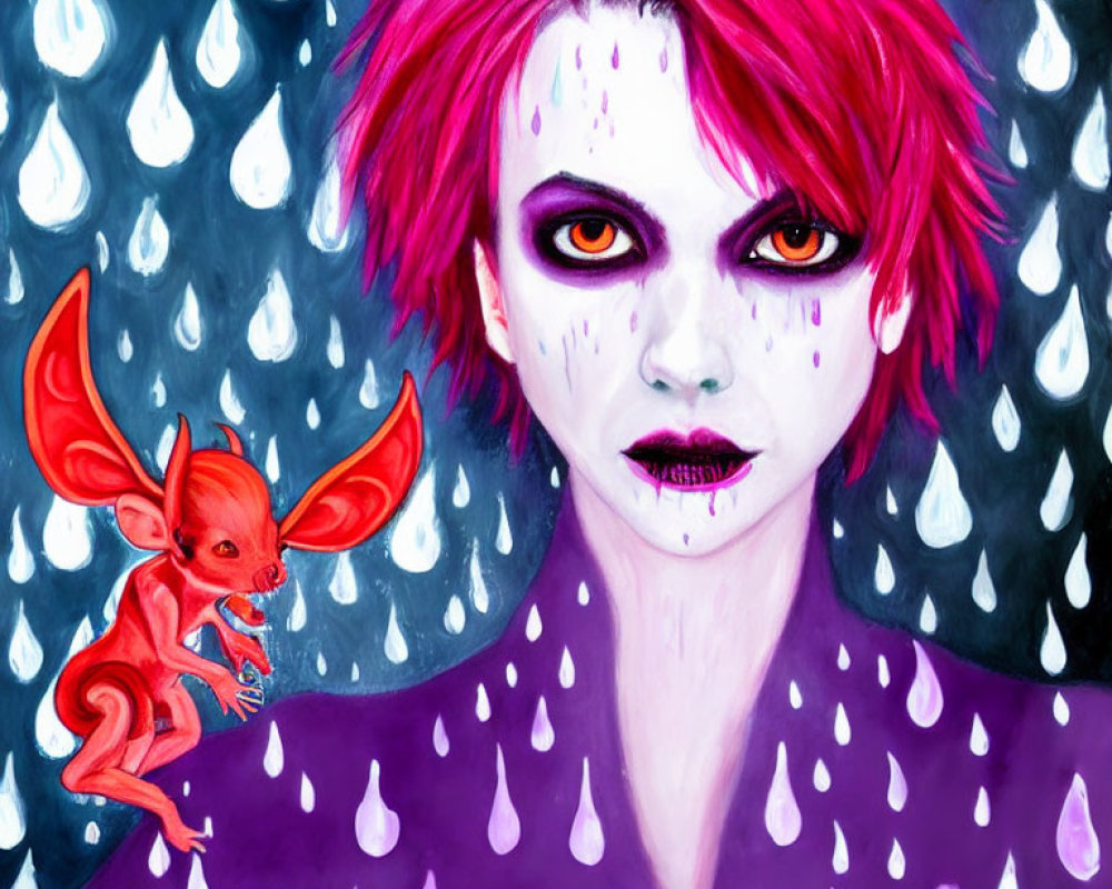 Illustrated person with red hair and dark makeup, accompanied by a winged creature, against teard