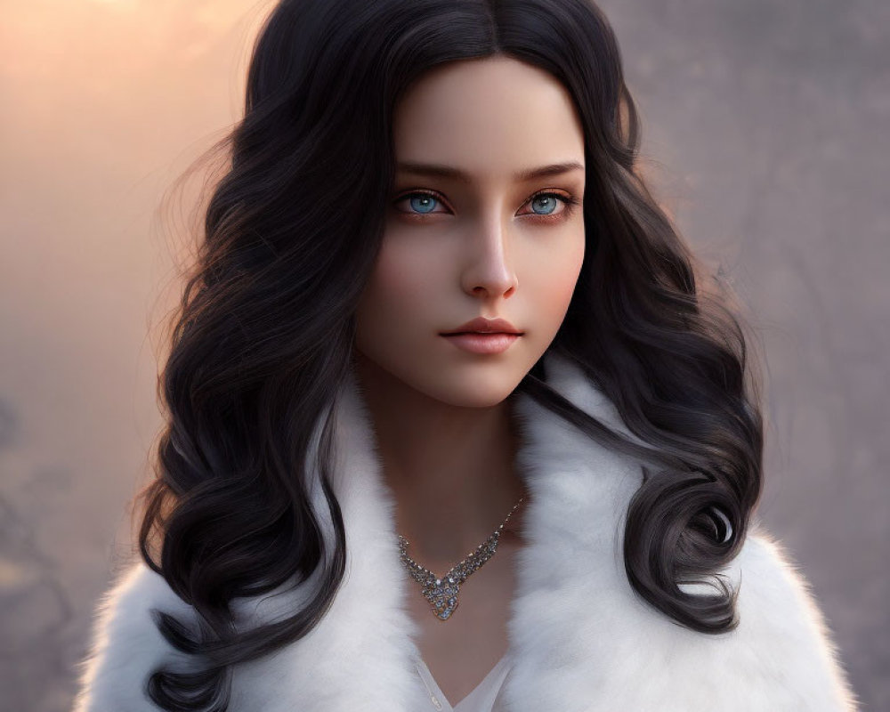 Digital portrait: Woman with blue eyes, black hair, white fur cloak, and necklace against sunset.