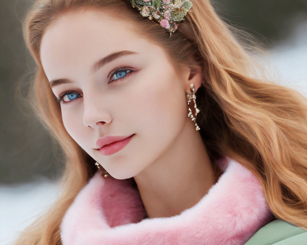 Blonde woman with blue eyes in green outfit and pink fur collar in snowy scene