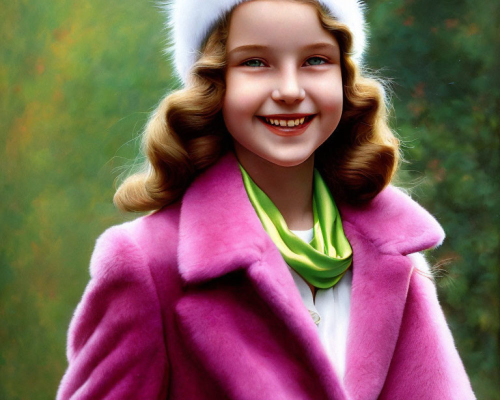 Cheerful young girl in white hat and pink coat against autumnal backdrop