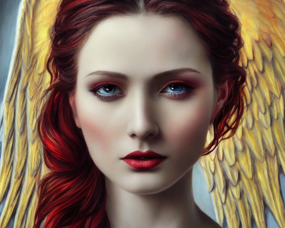 Digital painting of woman with red hair and angelic wings, striking blue eyes, and red lips.