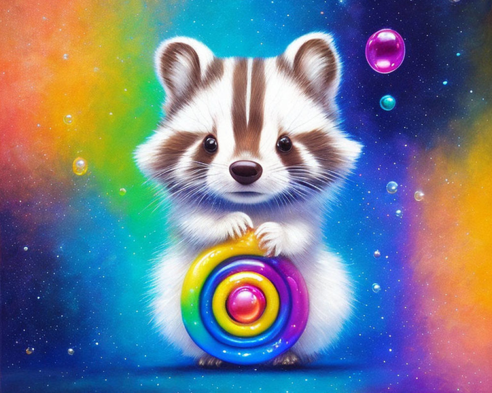 Whimsical raccoon painting with expressive eyes and galaxy backdrop