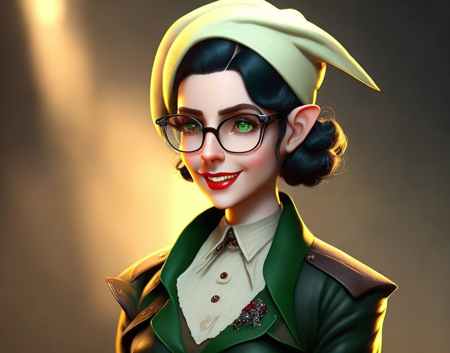 Vintage 1940s-themed 3D illustration of a woman with green hair and glasses