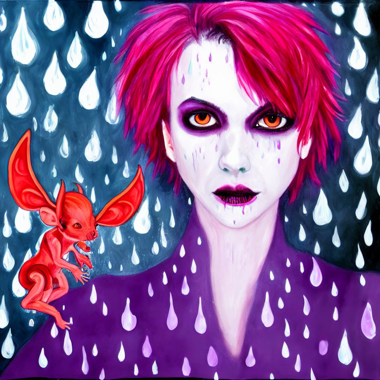 Illustrated person with red hair and dark makeup, accompanied by a winged creature, against teard