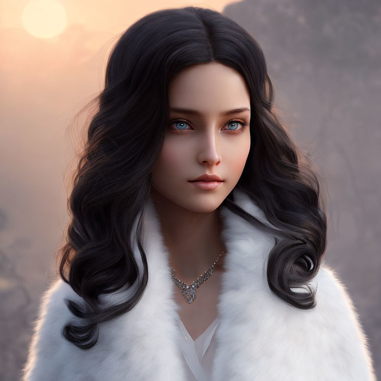 Digital portrait: Woman with blue eyes, black hair, white fur cloak, and necklace against sunset.