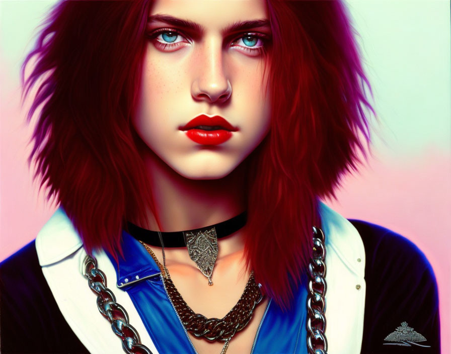 Red-haired woman in punk style with choker, chains, and leather jacket