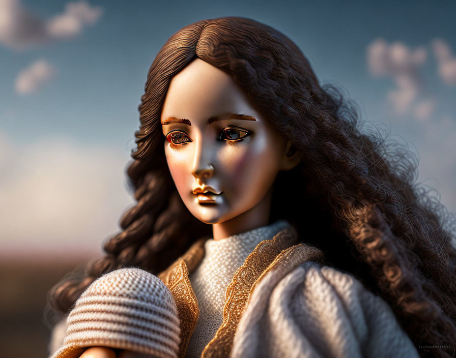 Detailed portrait of photorealistic female doll with long curly brown hair and beige sweater.