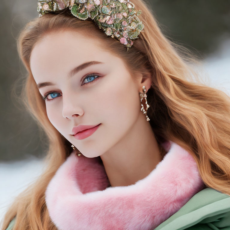 Blonde woman with blue eyes in green outfit and pink fur collar in snowy scene