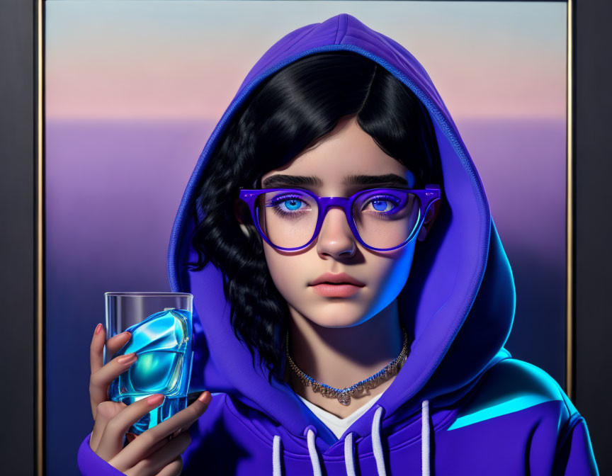 Digital artwork of girl with black hair and blue glasses in purple hoodie holding glass of water on gradient background