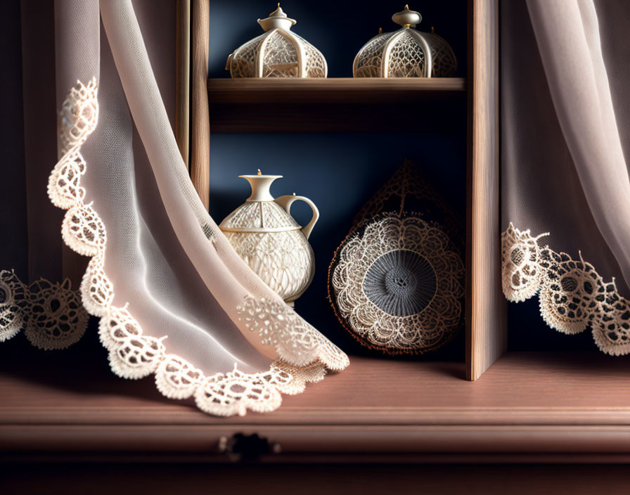 Intricate lace curtain and ornate ceramic pottery on wooden shelf